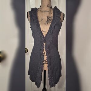 Style&co. Women's S Charcoal Gray Ruffle Trim Sleeveless Cardigan Vest Open Top